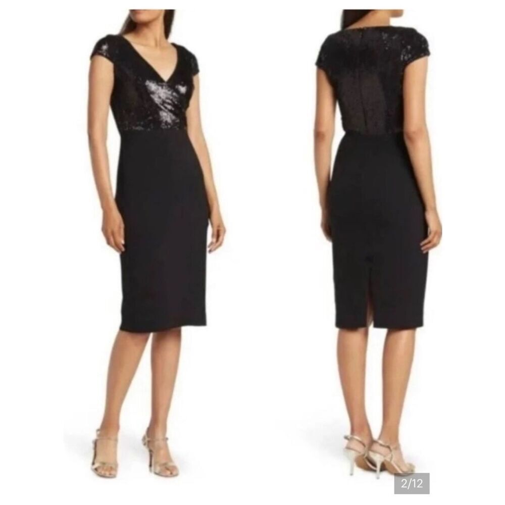 Dress the Population Jaleah Black Sequin V-Neck Cap Sleeve Midi Dress Small NWT